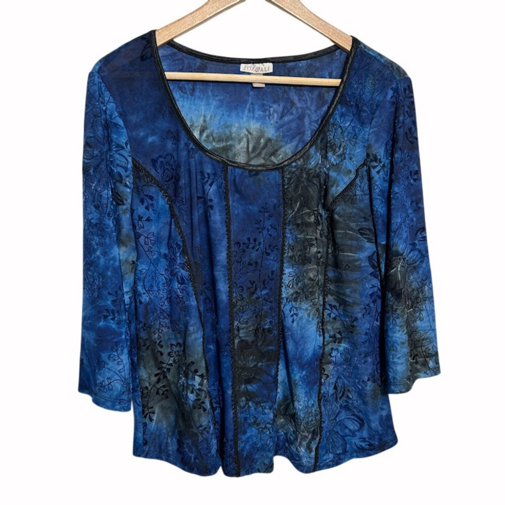 Y2K Roz & Alli Fairy Whimsy Goth Top XL Blue Floral Burnout Velvet 3/4 Sleeve